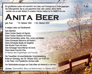 Traueranzeige von Anita Beer von Südthüringer Presse