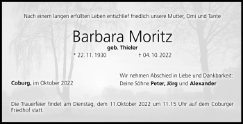 Traueranzeige von Barbara Moritz von Neue Presse Coburg