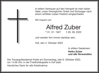 Traueranzeige von Alfred Zuber von Frankenpost