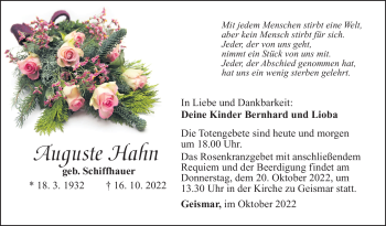 Traueranzeige von Auguste Hahn von Südthüringer Presse