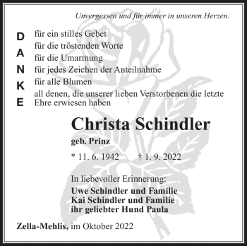 Traueranzeige von Christa Schindler von Südthüringer Presse