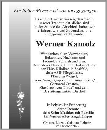 Traueranzeige von Werner Kamolz von Neue Presse Coburg