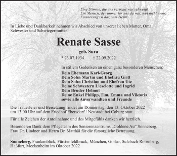Traueranzeige von Renate Sasse von Südthüringer Presse