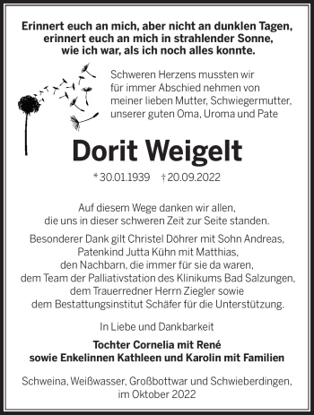 Traueranzeige von Dorit Weigelt von Südthüringer Presse