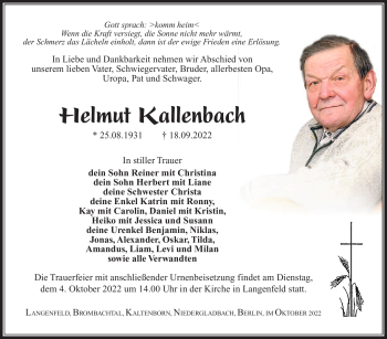 Traueranzeige von Helmut Kallenbach von Südthüringer Presse