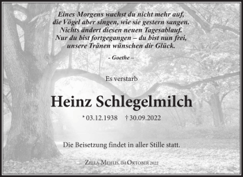 Traueranzeige von Heinz Schlegelmilch von Südthüringer Presse