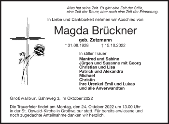 Traueranzeige von Magda Brückner von Neue Presse Coburg