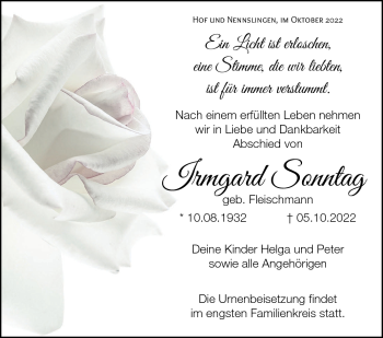 Traueranzeige von Irmgard Sonntag von Frankenpost