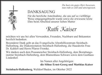 Traueranzeige von Ruth Kaiser von Südthüringer Presse