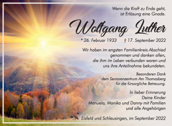 Traueranzeige von Wolfgang Luther von Südthüringer Presse