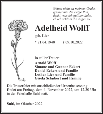 Traueranzeige von Adelheid Wolff von Südthüringer Presse