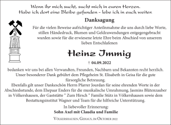 Traueranzeige von Heinz Immig von Südthüringer Presse