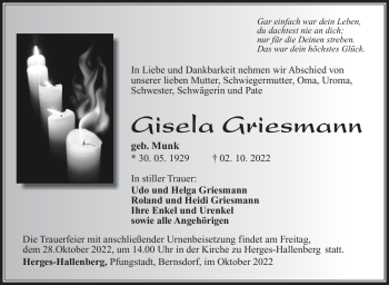 Traueranzeige von Giesela Griesmann von Südthüringer Presse