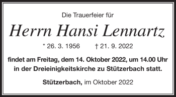Traueranzeige von Hansi Lennartz von Südthüringer Presse