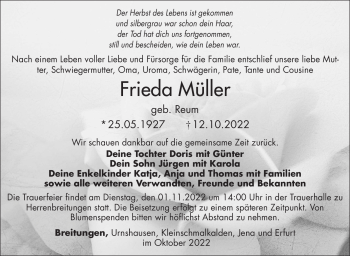 Traueranzeige von Frieda Müller von Südthüringer Presse