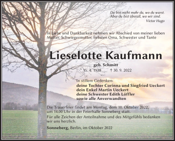 Traueranzeige von Lieselotte Kaufmann von Südthüringer Presse