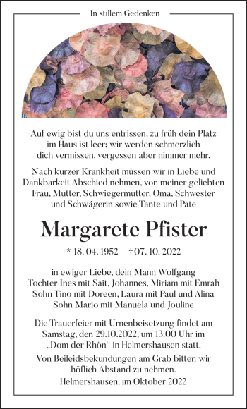Traueranzeige von Margarete Pfister von Südthüringer Presse
