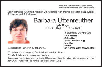 Traueranzeige von Barbara Uttenreuther von Frankenpost