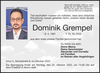 Traueranzeige von Dominik Grempel von Neue Presse Coburg