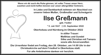 Traueranzeige von Ilse Greßmann von Frankenpost