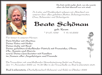 Traueranzeige von Beate Schönau von Südthüringer Presse