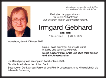 Traueranzeige von Irmgard Gebhard von Frankenpost