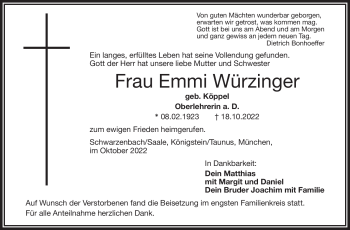 Traueranzeige von Emmi Würzinger von Frankenpost