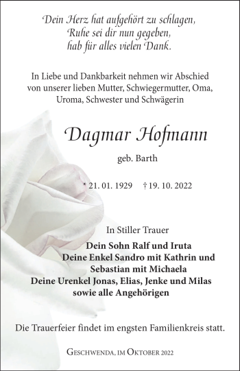 Traueranzeige von Dagmar Hofmann von Südthüringer Presse