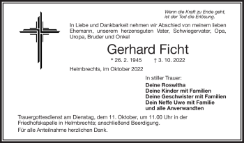 Traueranzeige von Gerhard Ficht von Frankenpost