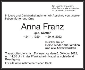Traueranzeige von Anna Franz von Frankenpost