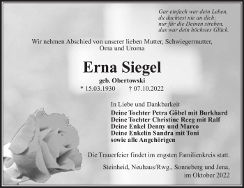 Traueranzeige von Erna Siegel von Südthüringer Presse