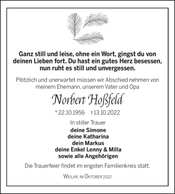 Traueranzeige von Norbert Hoßfeld von Südthüringer Presse