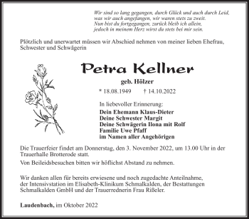 Traueranzeige von Petra Kellner von Südthüringer Presse