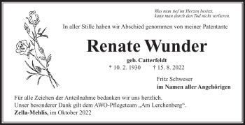 Traueranzeige von Renate Wunder von Südthüringer Presse