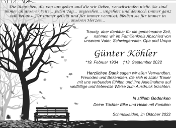 Traueranzeige von Günter Köhler von Südthüringer Presse