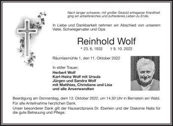 Traueranzeige von Reinhold Wolf von Frankenpost