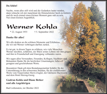Traueranzeige von Werner Kohla von Südthüringer Presse