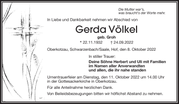 Traueranzeige von Gerda Völkel von Frankenpost