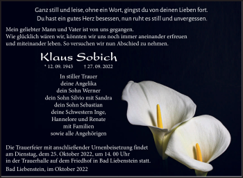 Traueranzeige von Klaus Sobrich von Südthüringer Presse