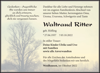 Traueranzeige von Waltraud Ritter von Südthüringer Presse