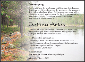 Traueranzeige von Bettina Artes von Südthüringer Presse