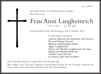 Traueranzeige von Anni Langheinrich von Frankenpost