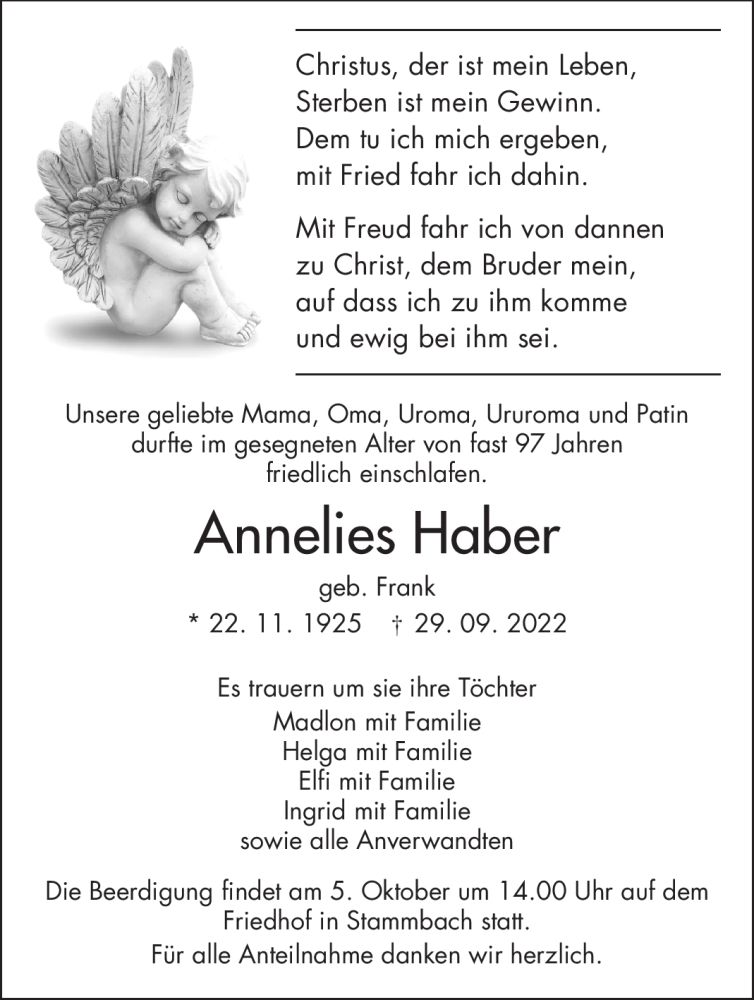  Traueranzeige für Annelies Haber vom 01.10.2022 aus Frankenpost