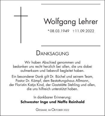 Traueranzeige von Wolfgang Lehrer von Südthüringer Presse