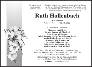 Traueranzeige von Ruth Hollenbach von Südthüringer Presse