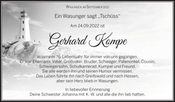 Traueranzeige von Gerhard Kompe von Südthüringer Presse
