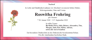 Traueranzeige von Roswitha Frohring von Frankenpost