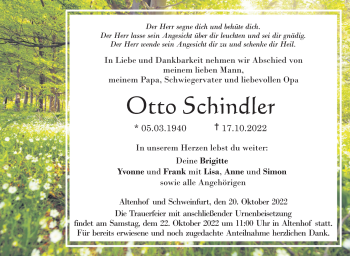 Traueranzeige von Otto Schindler von Neue Presse Coburg