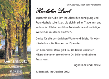 Traueranzeige von Gerhard Butz von Südthüringer Presse