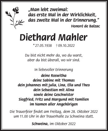 Traueranzeige von Diethard Mahler von Südthüringer Presse